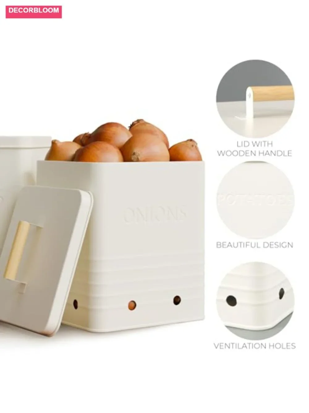 Potato and Onion Storage Container Set - Food Safe Metal Bins with Wooden Lid